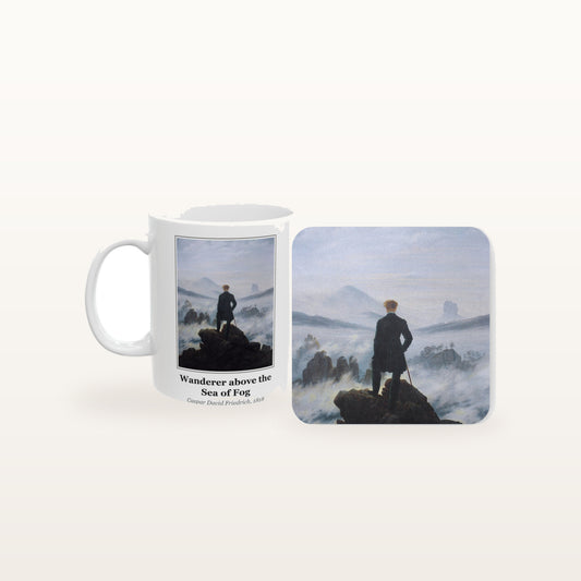 The Wanderer above the Sea of Fog mug and the matching coaster side by side, both printed with the painting