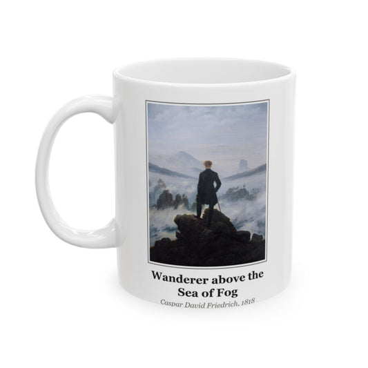 #46 Wanderer above the Sea of Fog mug — the framed painting with its title and artist beneath, as seen from across the table