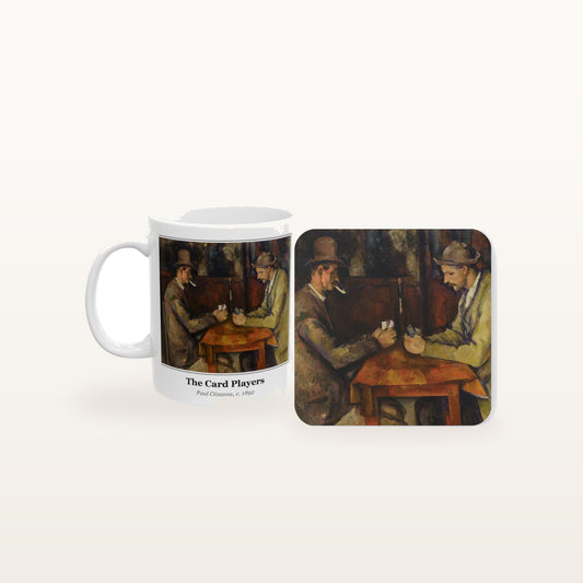 The Card Players mug and the matching coaster side by side, both printed with the painting