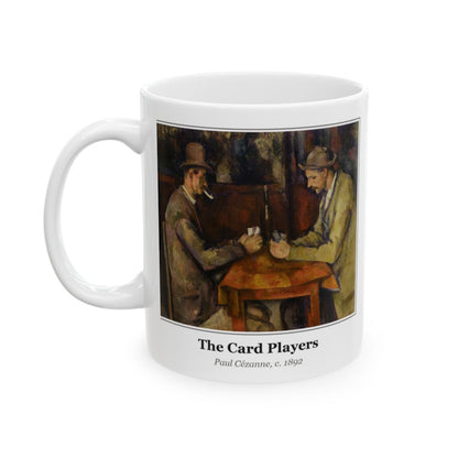 #47 The Card Players mug — the framed painting with its title and artist beneath, as seen from across the table