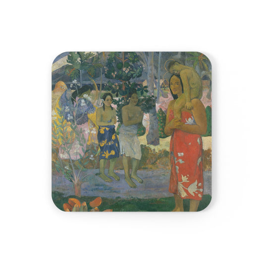 Cork-backed coaster printed with Ia Orana Maria