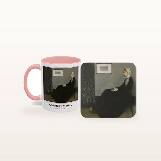 The Whistler's Mother mug and the matching coaster side by side, both printed with the painting