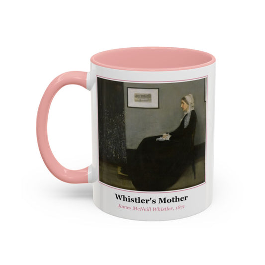 #49 Whistler's Mother mug — the framed painting with its title and artist beneath, as seen from across the table