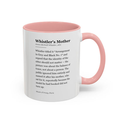 #49 Whistler's Mother mug — the story of the painting, on the face the drinker reads