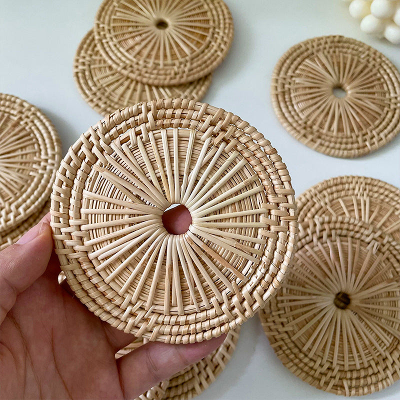 Rattan woven round tea coaster, view 2