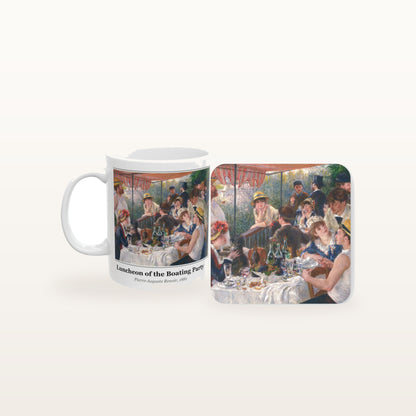The Luncheon of the Boating Party mug and the matching coaster side by side, both printed with the painting