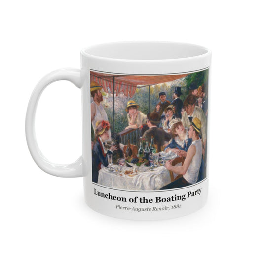 #50 Luncheon of the Boating Party mug — the framed painting with its title and artist beneath, as seen from across the table