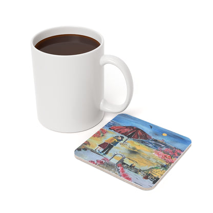 #16 Noble Beach coaster beside a mug of coffee
