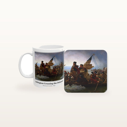 The Washington Crossing the Delaware mug and the matching coaster side by side, both printed with the painting