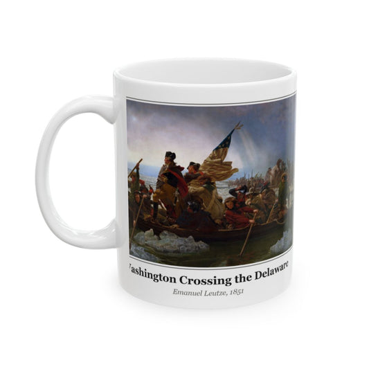#51 Washington Crossing the Delaware mug — the framed painting with its title and artist beneath, as seen from across the table