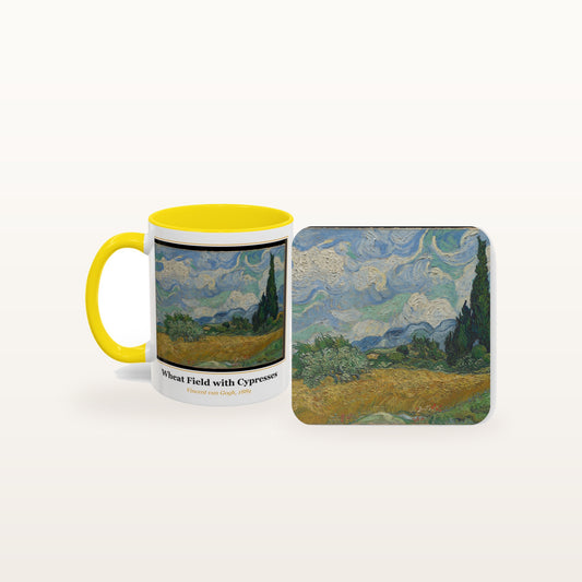 The Wheat Field with Cypresses mug and the matching coaster side by side, both printed with the painting