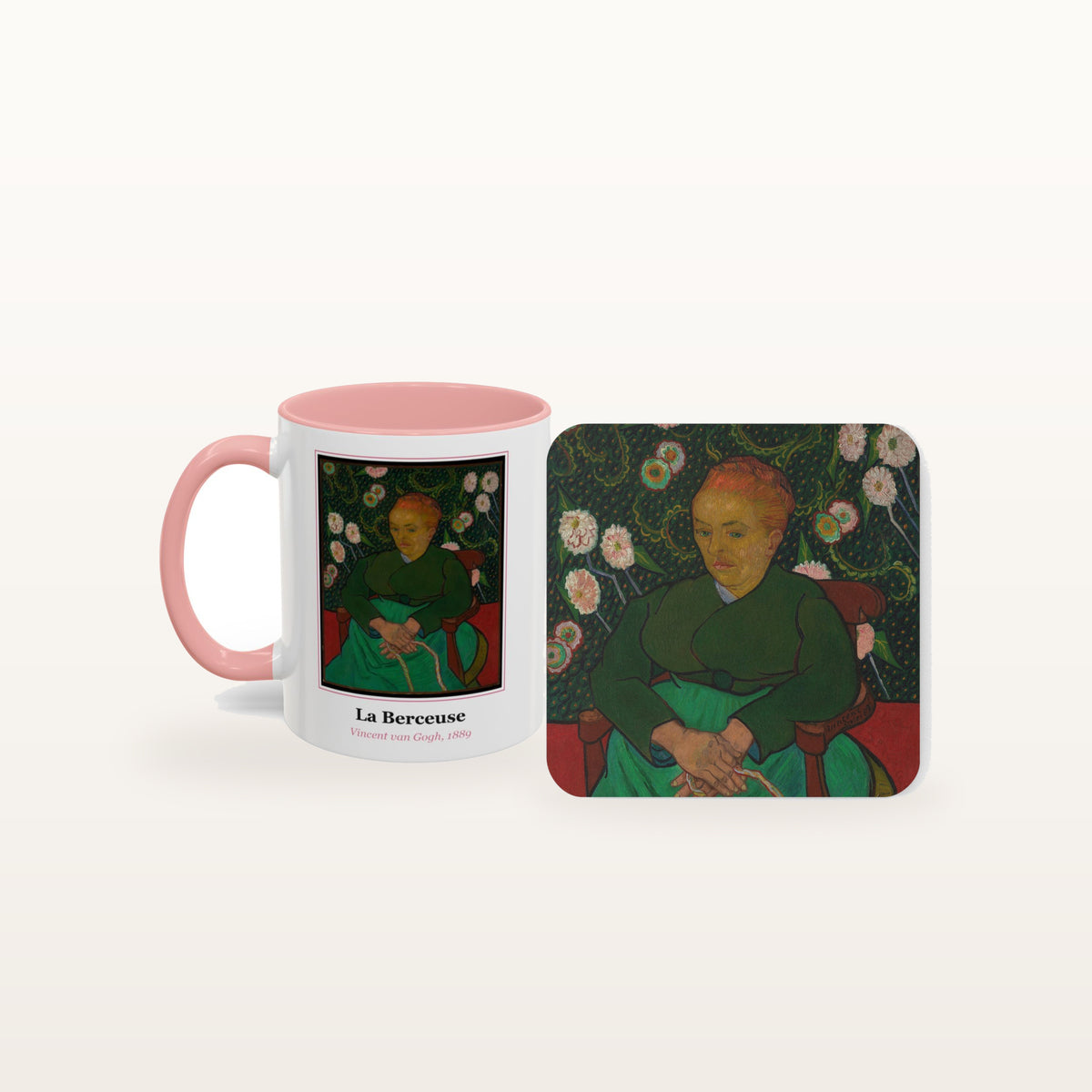 The La Berceuse mug and the matching coaster side by side, both printed with the painting