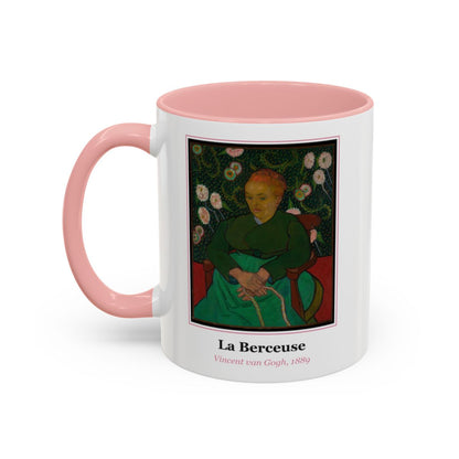 #53 La Berceuse mug — the framed painting with its title and artist beneath, as seen from across the table