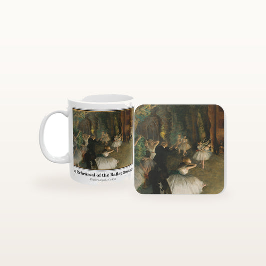 The Rehearsal of the Ballet Onstage mug and the matching coaster side by side, both printed with the painting