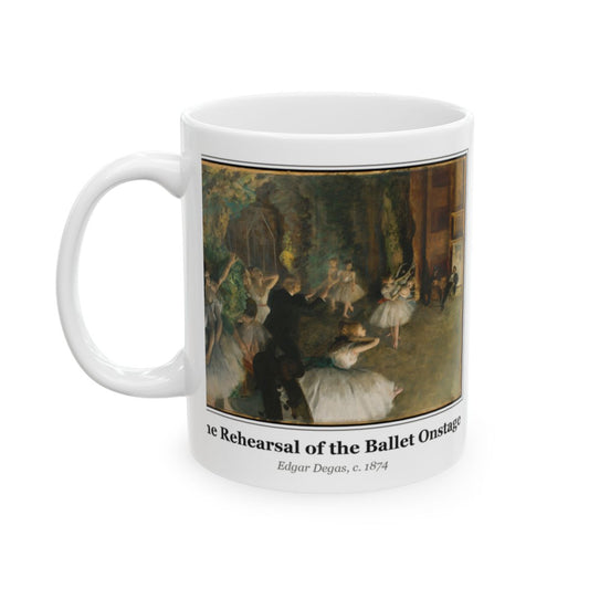 #54 The Rehearsal of the Ballet Onstage mug — the framed painting with its title and artist beneath, as seen from across the table