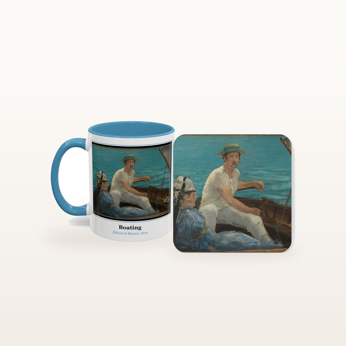 The Boating mug and the matching coaster side by side, both printed with the painting