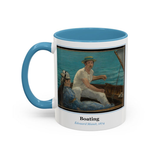 #55 Boating mug — the framed painting with its title and artist beneath, as seen from across the table