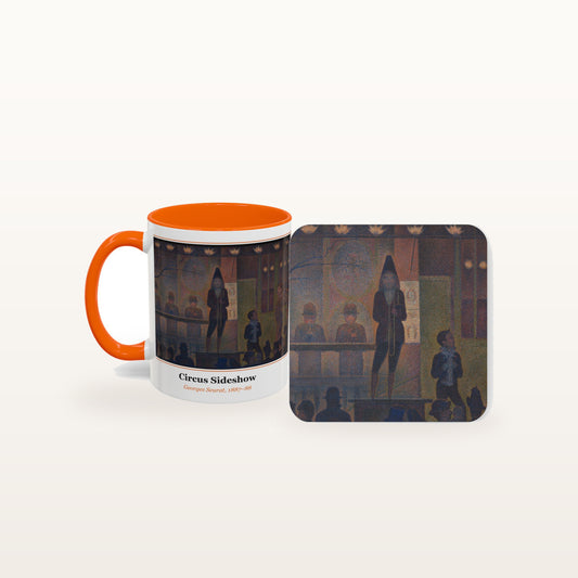 The Circus Sideshow mug and the matching coaster side by side, both printed with the painting