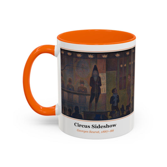#56 Circus Sideshow mug — the framed painting with its title and artist beneath, as seen from across the table