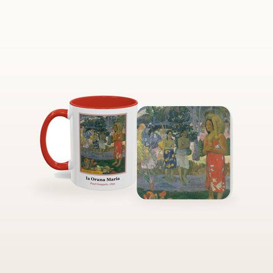The Ia Orana Maria mug and the matching coaster side by side, both printed with the painting