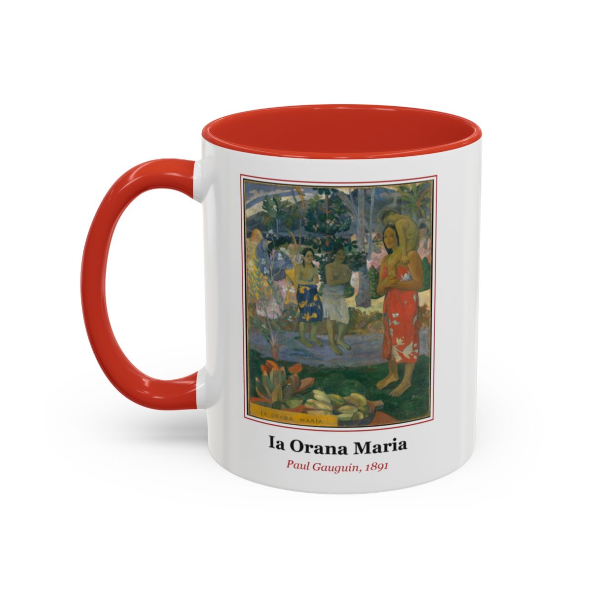 #57 Ia Orana Maria mug — the framed painting with its title and artist beneath, as seen from across the table