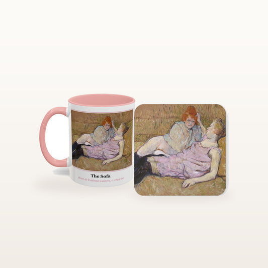 The Sofa mug and the matching coaster side by side, both printed with the painting