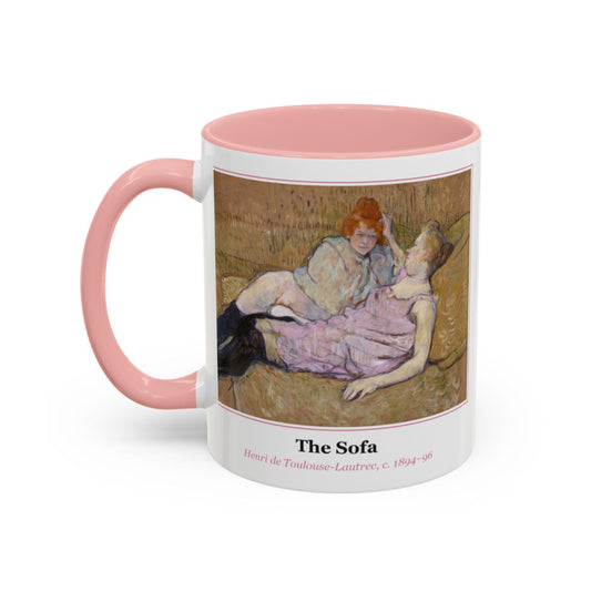 #58 The Sofa mug — the framed painting with its title and artist beneath, as seen from across the table