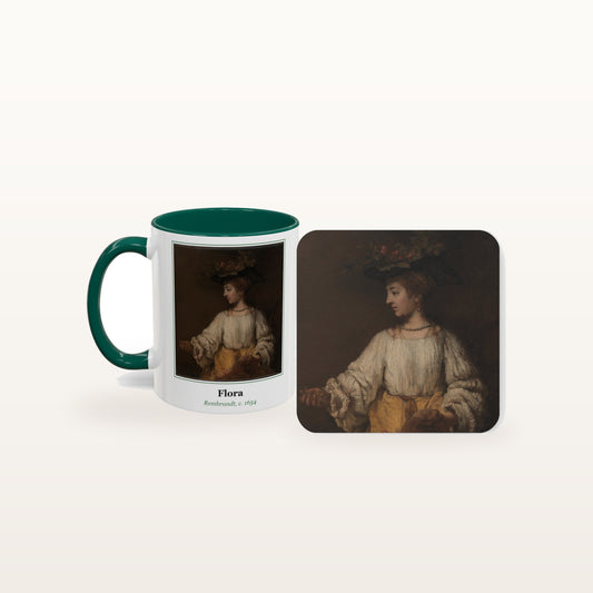 The Flora mug and the matching coaster side by side, both printed with the painting