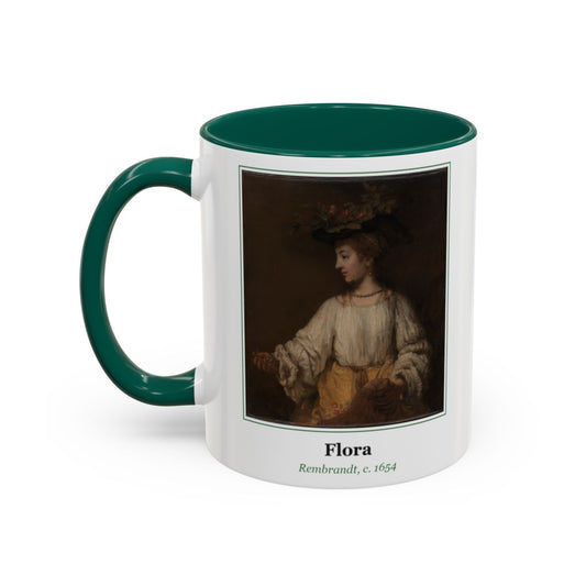 #59 Flora mug — the framed painting with its title and artist beneath, as seen from across the table