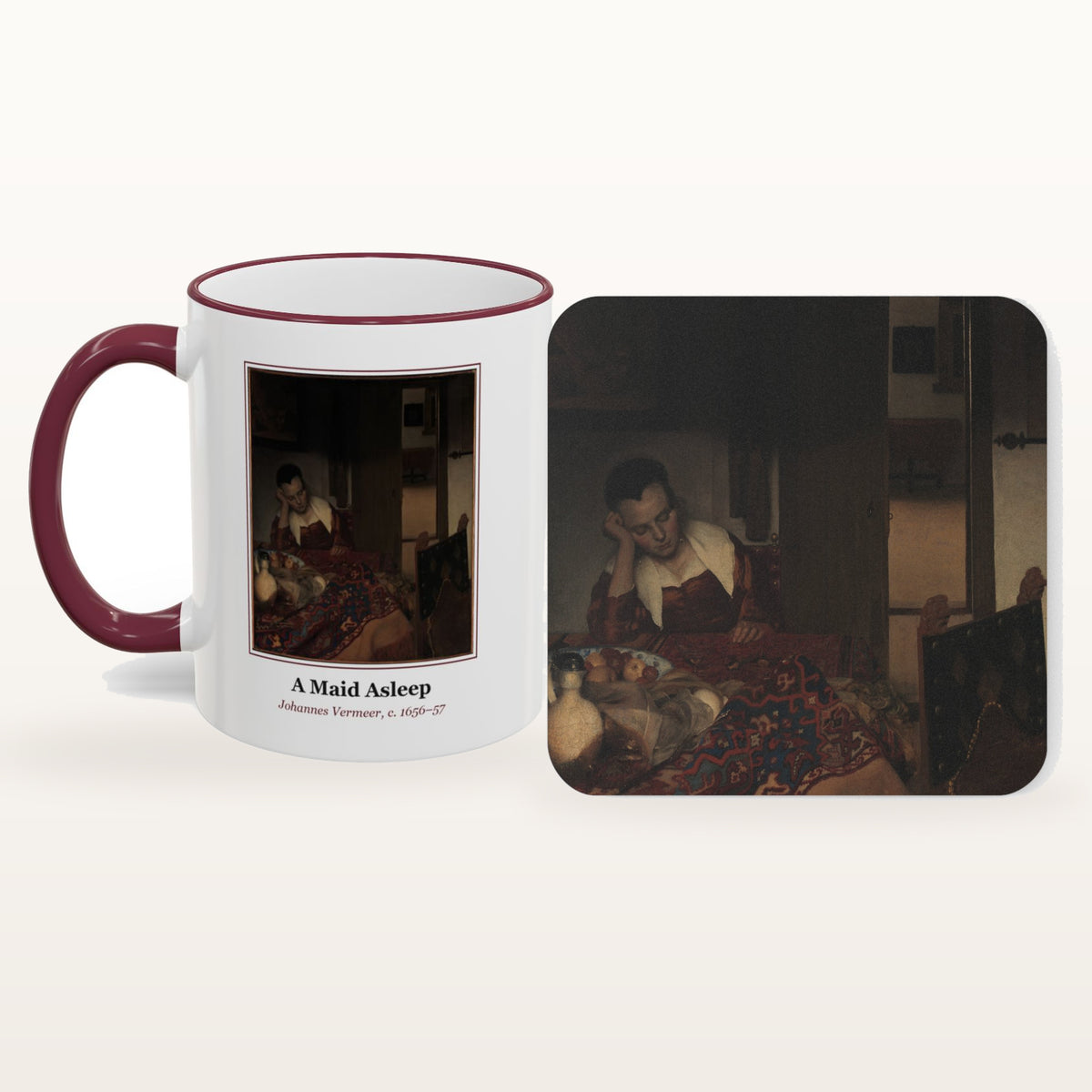 A Maid Asleep mug and the matching coaster side by side, both printed with the painting
