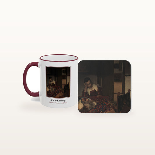 A Maid Asleep mug and the matching coaster side by side, both printed with the painting