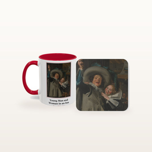 The Young Man and Woman in an Inn mug and the matching coaster side by side, both printed with the painting
