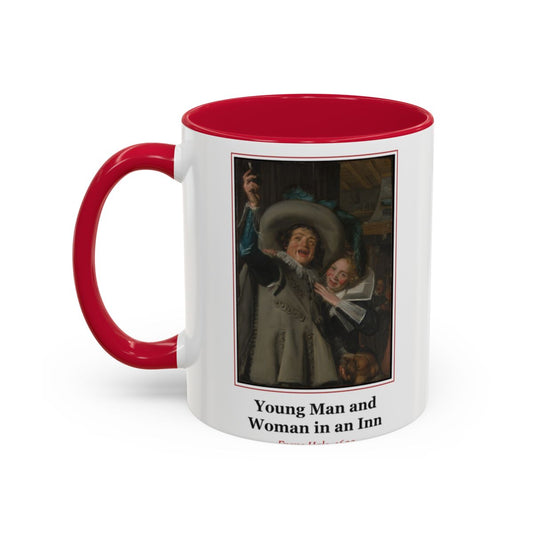 #61 Young Man and Woman in an Inn mug — the framed painting with its title and artist beneath, as seen from across the table