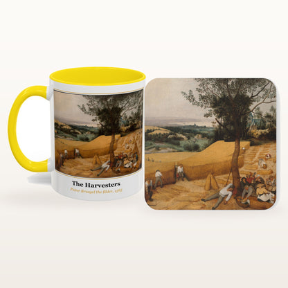 The Harvesters mug and the matching coaster side by side, both printed with the painting