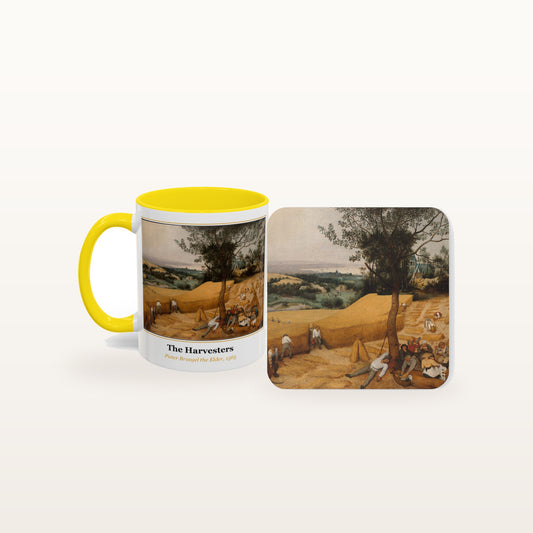 The Harvesters mug and the matching coaster side by side, both printed with the painting