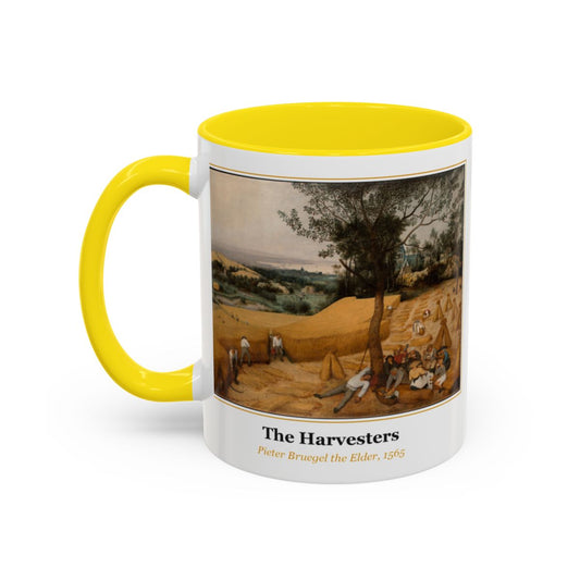 #62 The Harvesters mug — the framed painting with its title and artist beneath, as seen from across the table