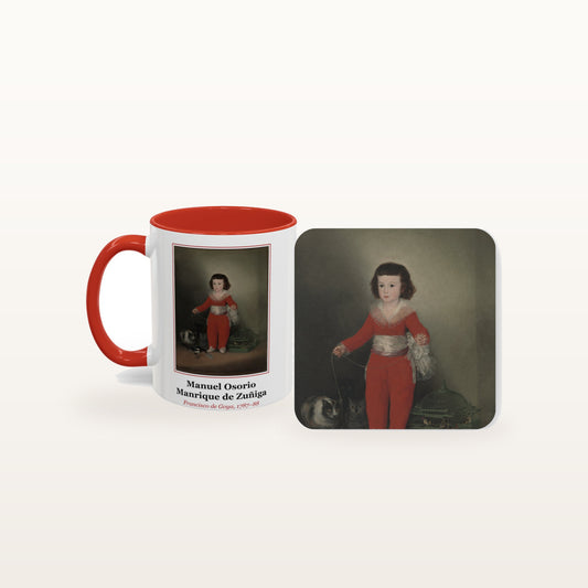 The Manuel Osorio Manrique de Zuñiga mug and the matching coaster side by side, both printed with the painting