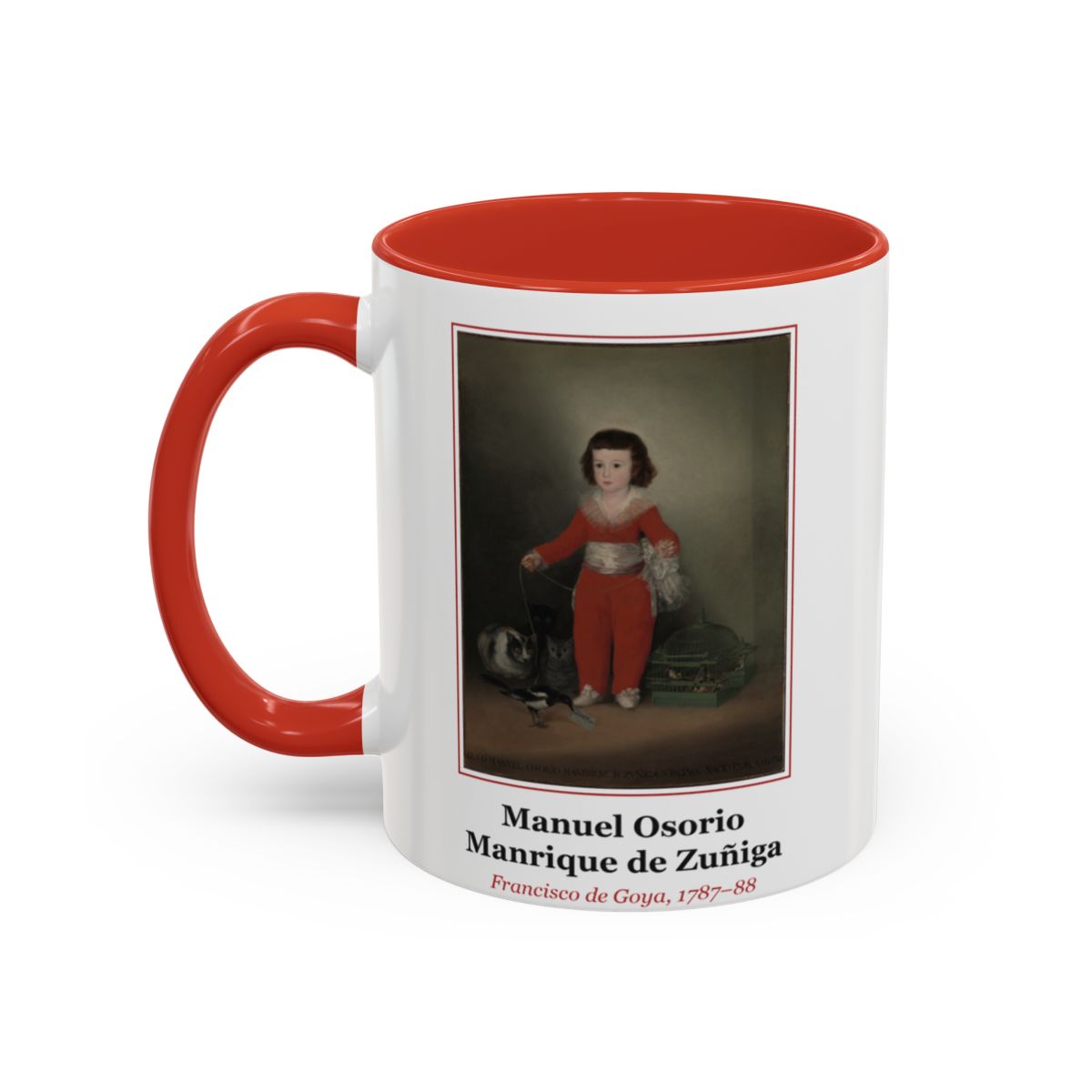#63 Manuel Osorio Manrique de Zuñiga mug — the framed painting with its title and artist beneath, as seen from across the table