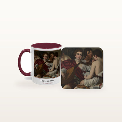 The Musicians mug and the matching coaster side by side, both printed with the painting