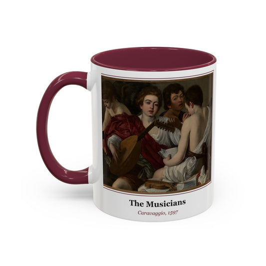 #64 The Musicians mug — the framed painting with its title and artist beneath, as seen from across the table