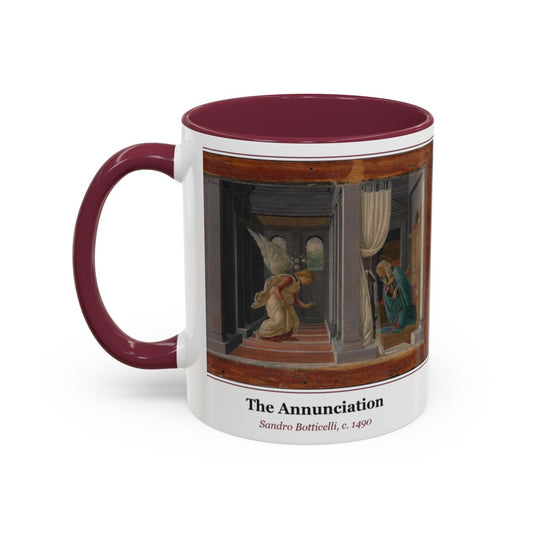 #65 The Annunciation mug — the framed painting with its title and artist beneath, as seen from across the table