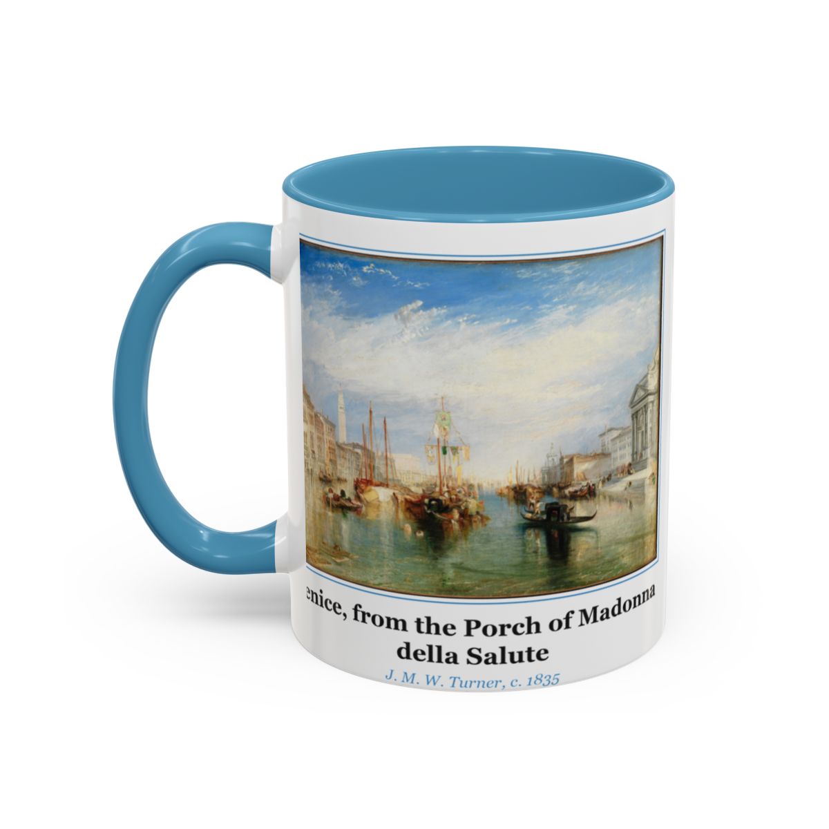 #66 Venice, from the Porch of Madonna della Salute mug — the framed painting with its title and artist beneath, as seen from across the table