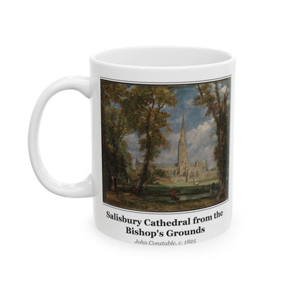 #67 Salisbury Cathedral from the Bishop's Grounds mug — the framed painting with its title and artist beneath, as seen from across the table