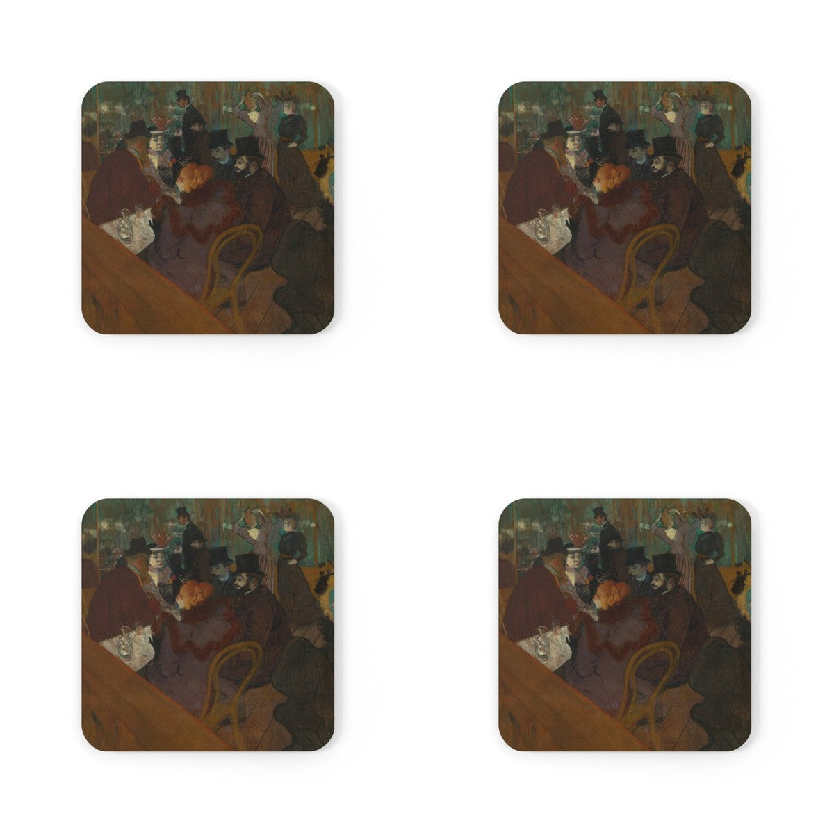 Four coasters printed with At the Moulin Rouge