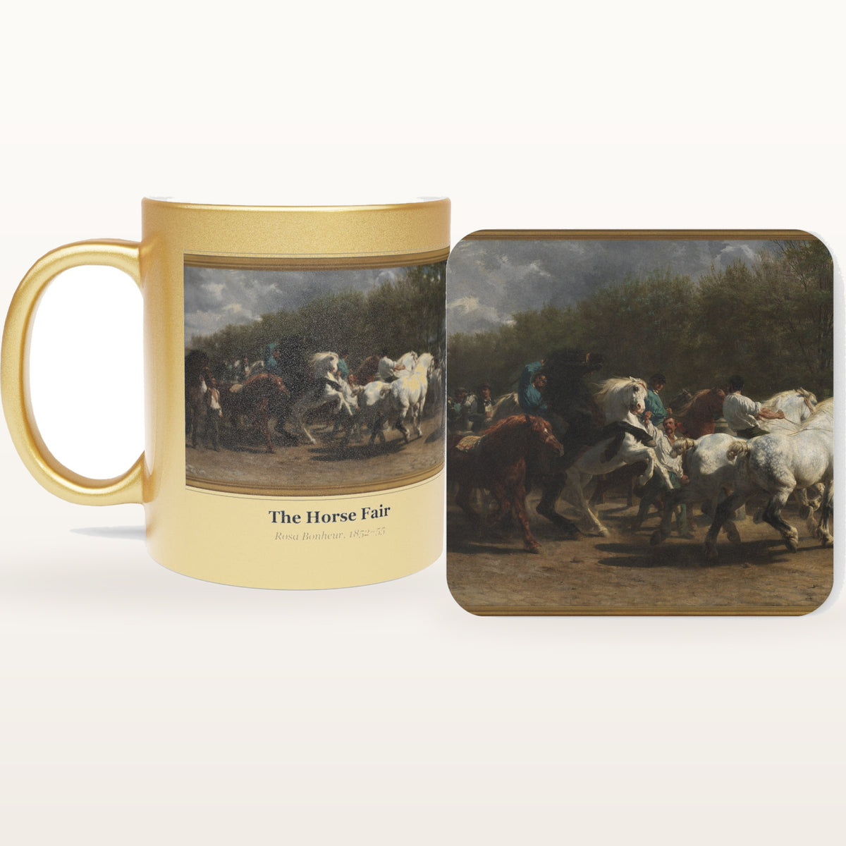 The Horse Fair mug and the matching coaster side by side, both printed with the painting