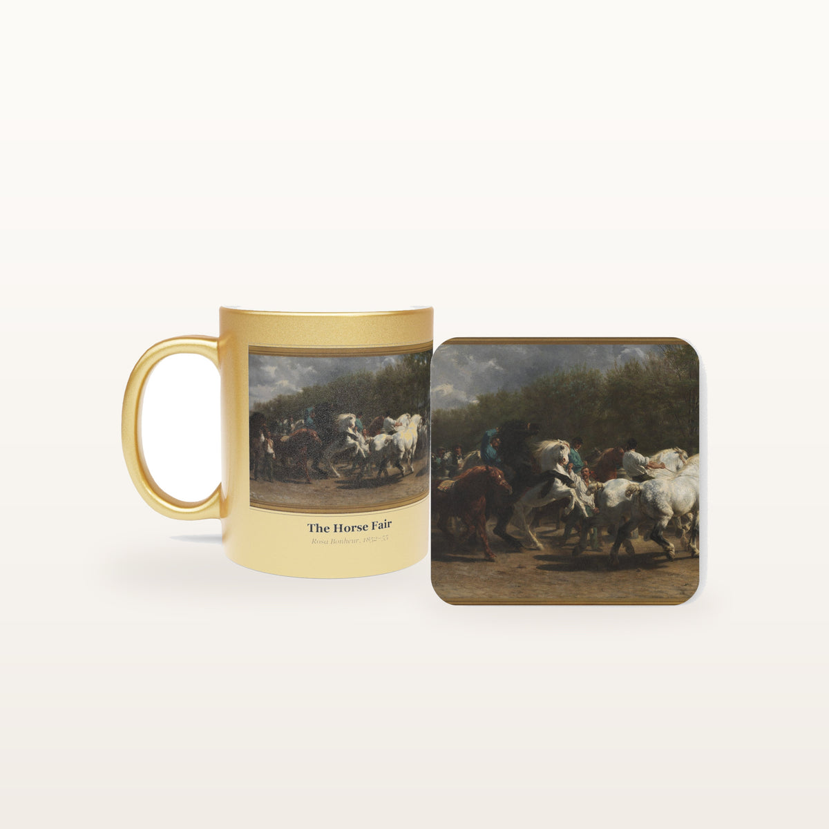 The Horse Fair mug and the matching coaster side by side, both printed with the painting