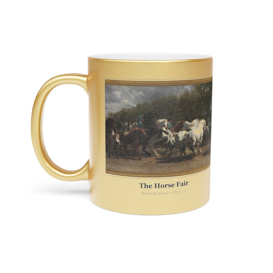 #69 The Horse Fair mug — the framed painting with its title and artist beneath, as seen from across the table