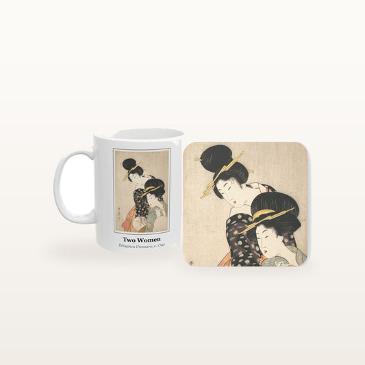 The Two Women mug and the matching coaster side by side, both printed with the painting