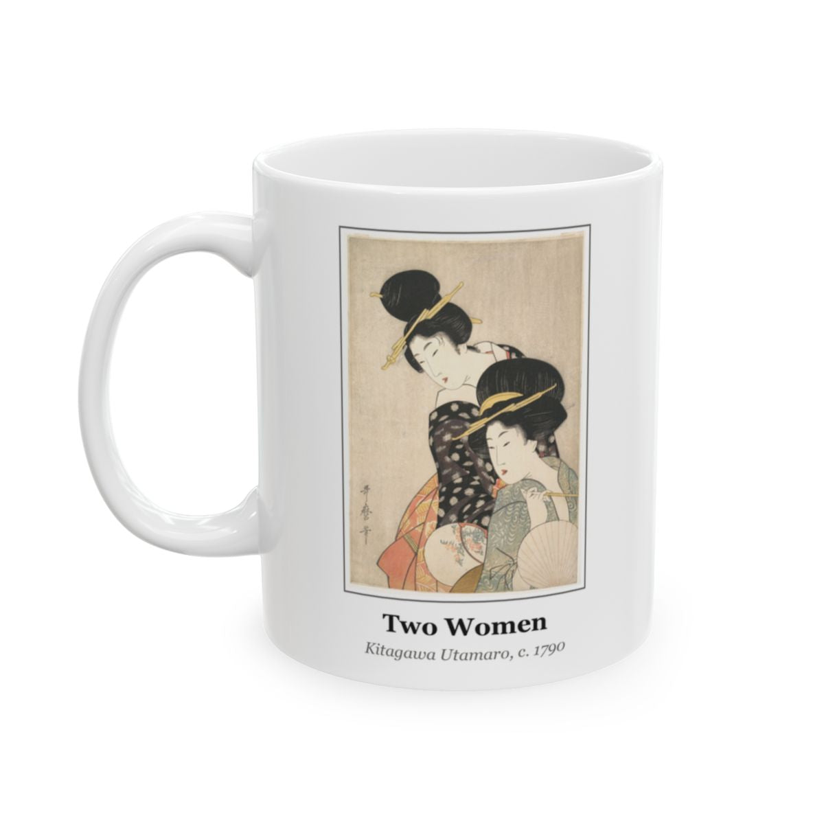 #70 Two Women mug — the framed painting with its title and artist beneath, as seen from across the table