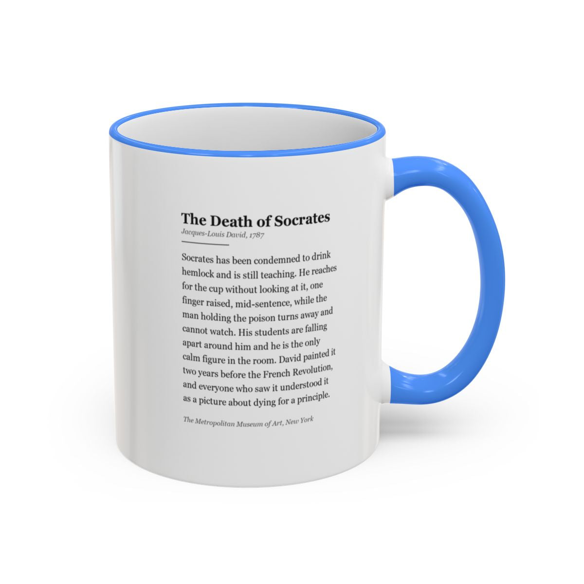 #71 The Death of Socrates mug — the story of the painting, on the face the drinker reads